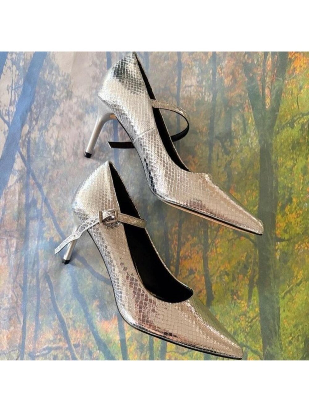 silver metallic faux snakeskin kitten heels